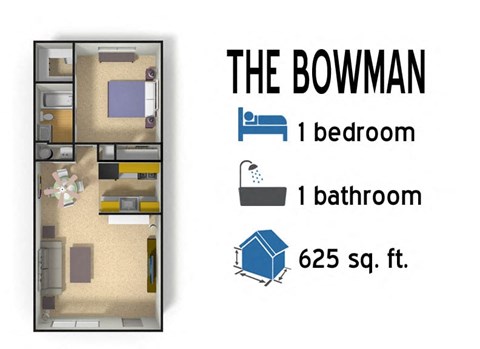 a room with a bed and a bathroom and the words the 1 bedroom